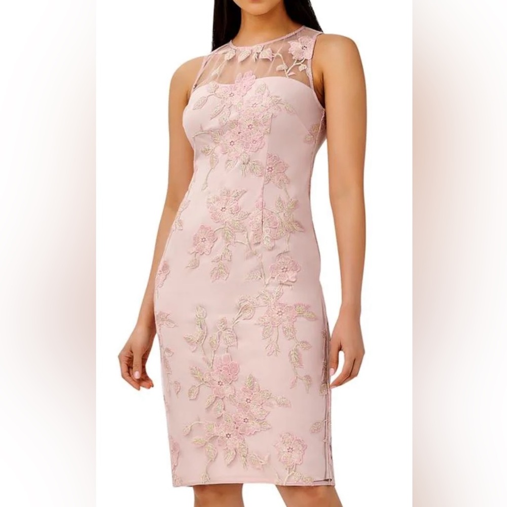 NWT Adrianna Papell Floral Embroidered Sheath Rose Gold Dress Size 12